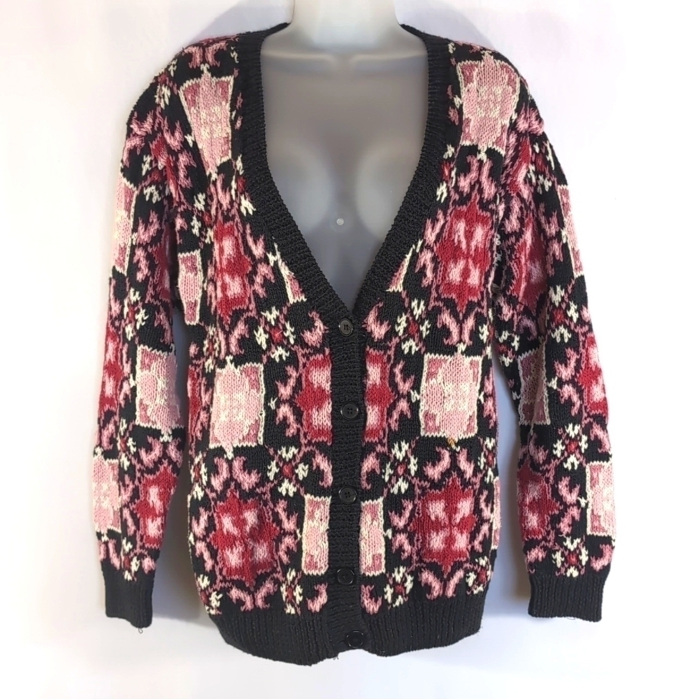 VTG Cape Isle Knitters Oversized Hand Knitted V-neck Cardigan Sweater Size Small